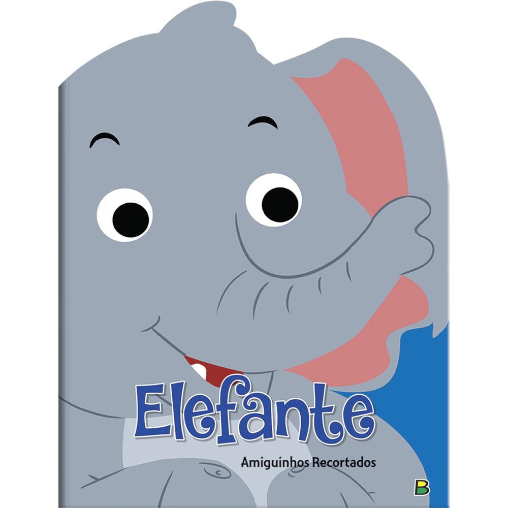 Livro recortado Amiguinhos Recortados II: Elefante, Mammoth World. Capa azul com elefante cinza sorrindo. — Plenitude