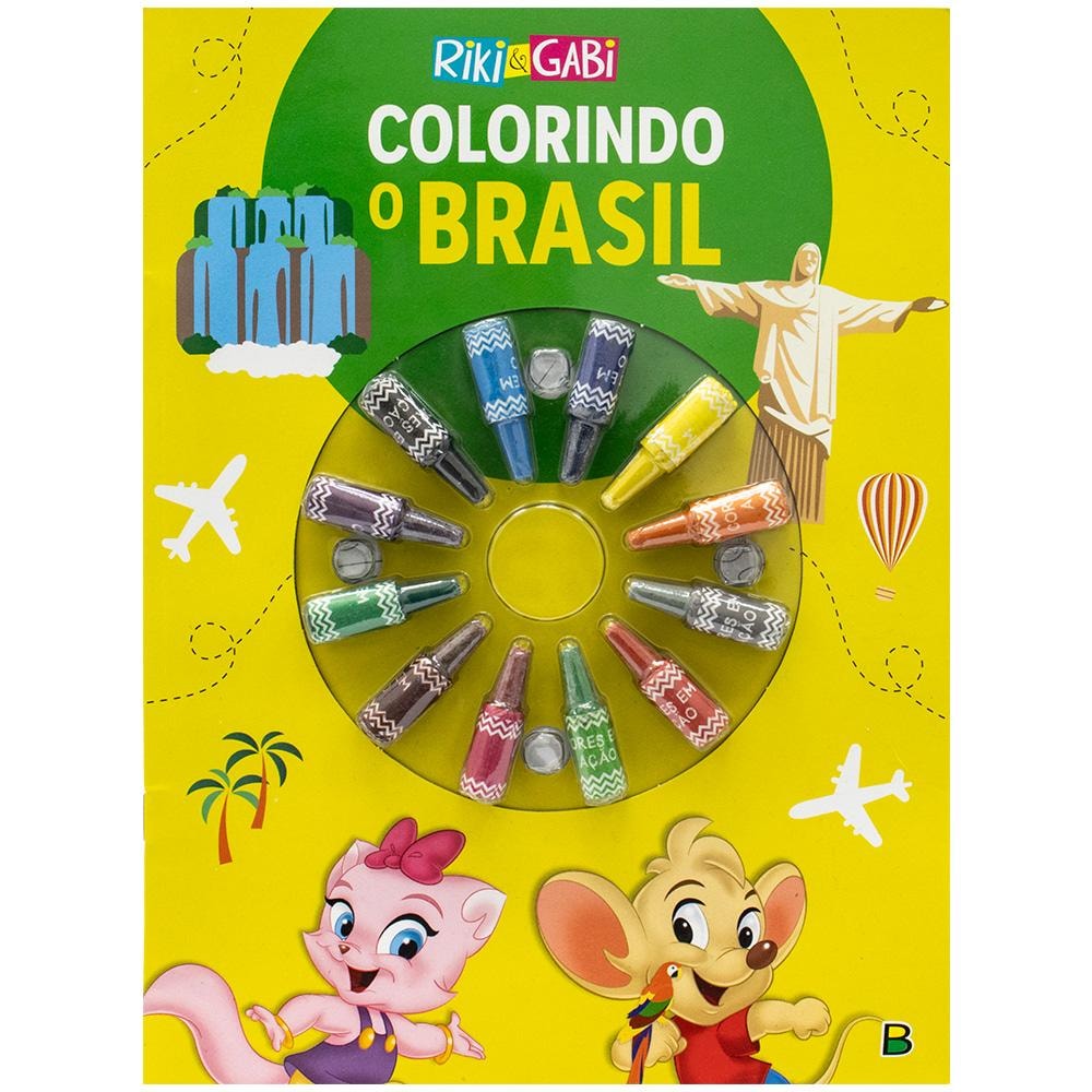 Livro de colorir Cores em Ação II: Brasil (Riki & Gabi), da Todolivro, capa amarela com pontos turísticos do Brasil e giz de cera. — Plenitude