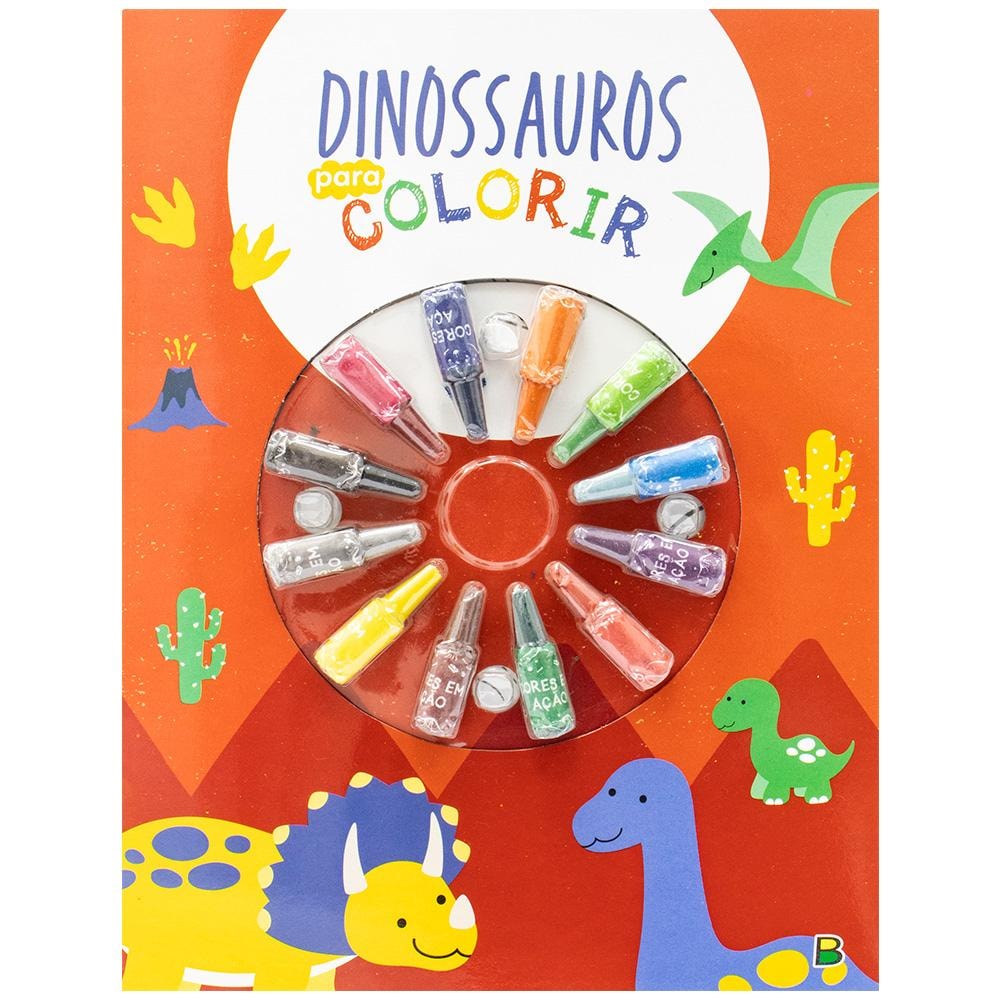 Livro de colorir Cores em Ação II: Dinossauros, da Todolivro, capa laranja com dinossauros e giz de cera. — Plenitude