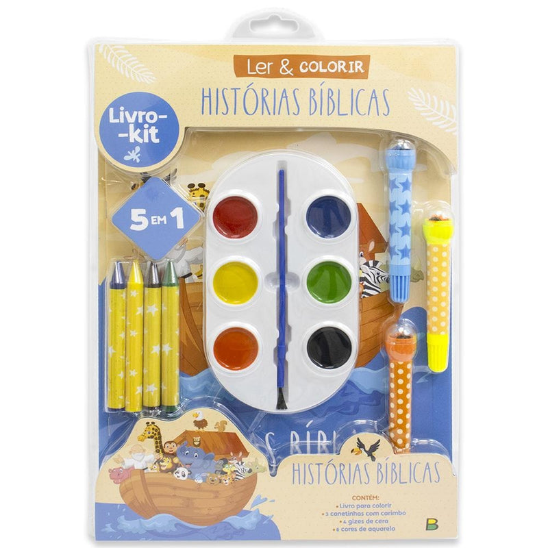 Kit Ler & Colorir: Histórias Bíblicas, da Todolivro, embalagem transparente com livro, giz de cera, canetinhas e aquarela. — Plenitude
