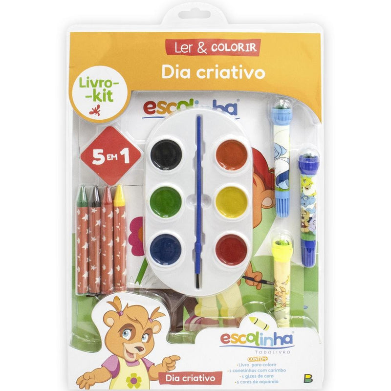 Livro-Kit Ler & Colorir: Escolinha, embalagem com livro, tintas e lápis de cor. — Plenitude