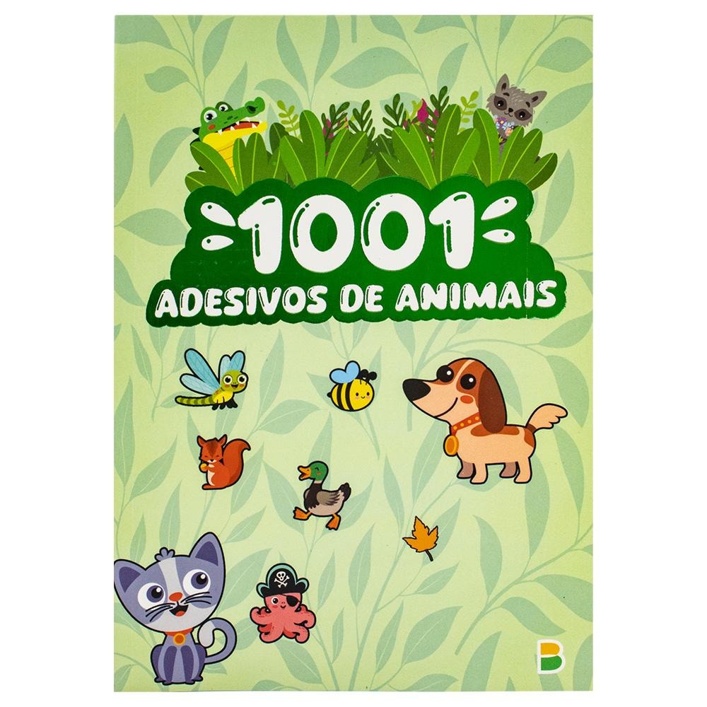 Livro 1001 Adesivos: Animais da Brijbasi Art Press Ltd, capa verde com ilustrações de animais. — Plenitude