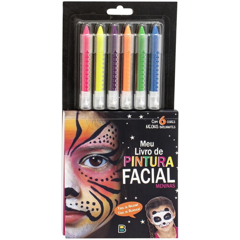 Meu Livro de Pintura Facial: Meninas | Todolivro: Kit de pintura facial com livro preto e 6 lápis de cores neon. — Plenitude