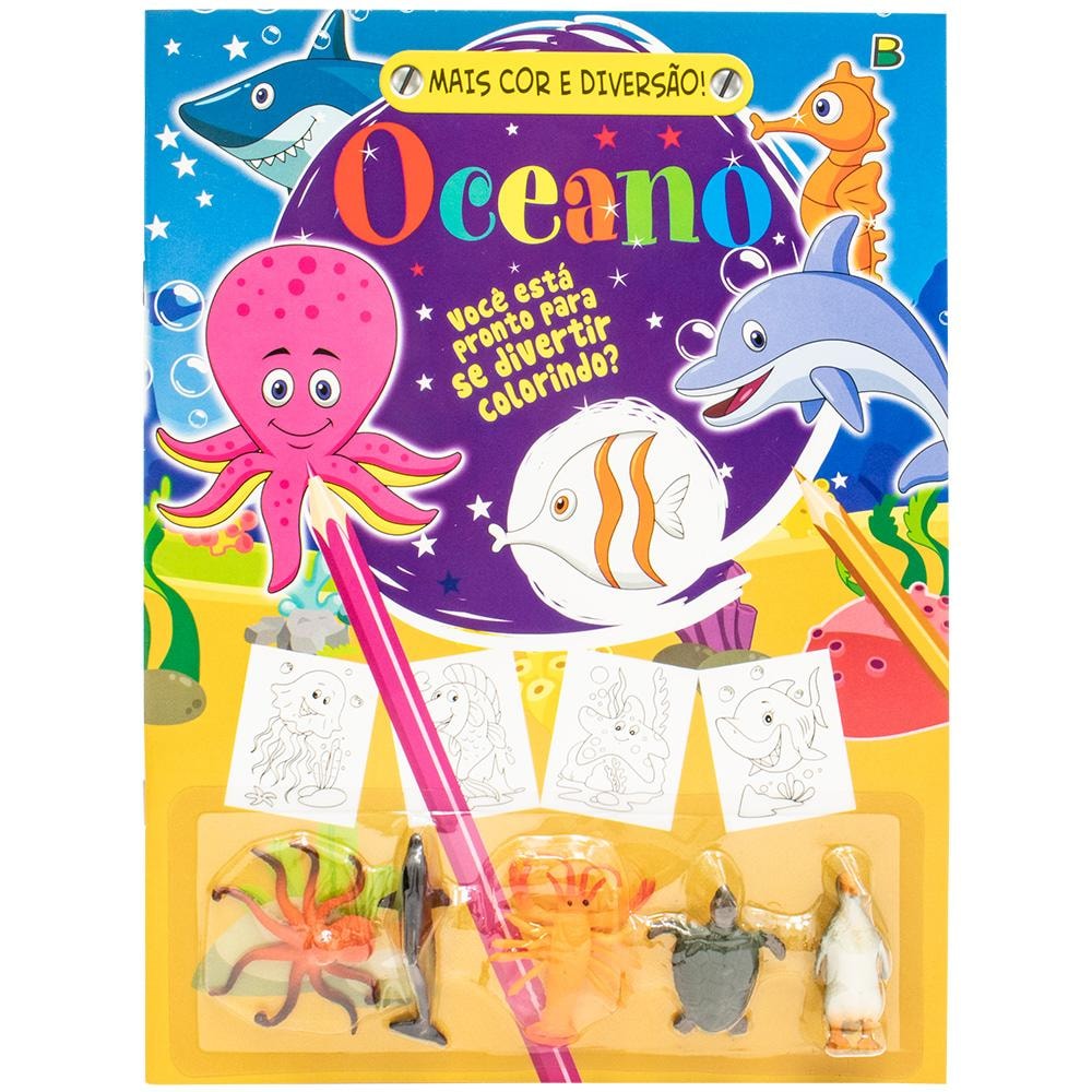 Mais Cor e Diversão! Oceano | Brijbasi Art Press Ltd: Livro de colorir com capa azul, animais marinhos e miniaturas. — Plenitude