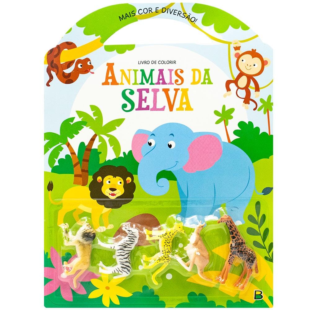Mais Cor e Diversão! Selva | Brijbasi Art Press Ltd: Livro de colorir com capa verde e azul, animais da selva e miniaturas. — Plenitude