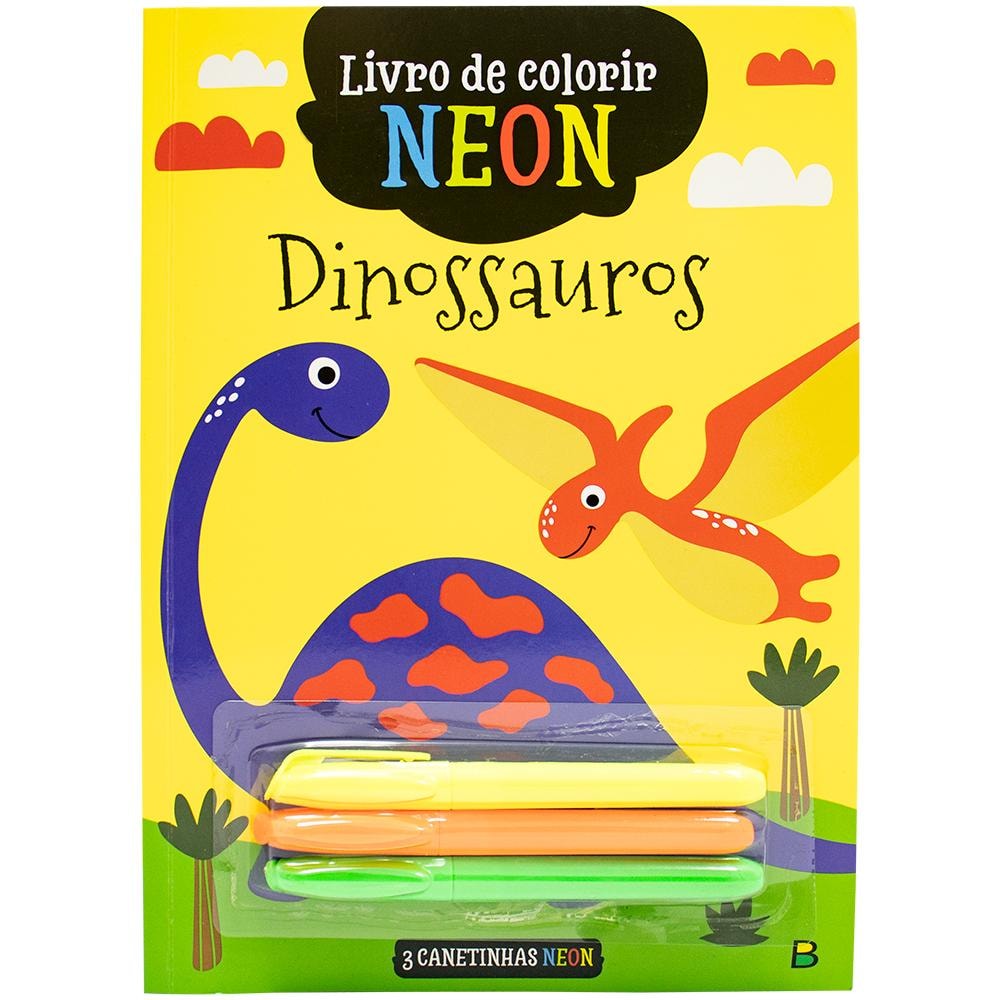 Livro de Colorir Neon: Dinossauro, capa amarela com dinossauros e canetinhas neon. — Plenitude