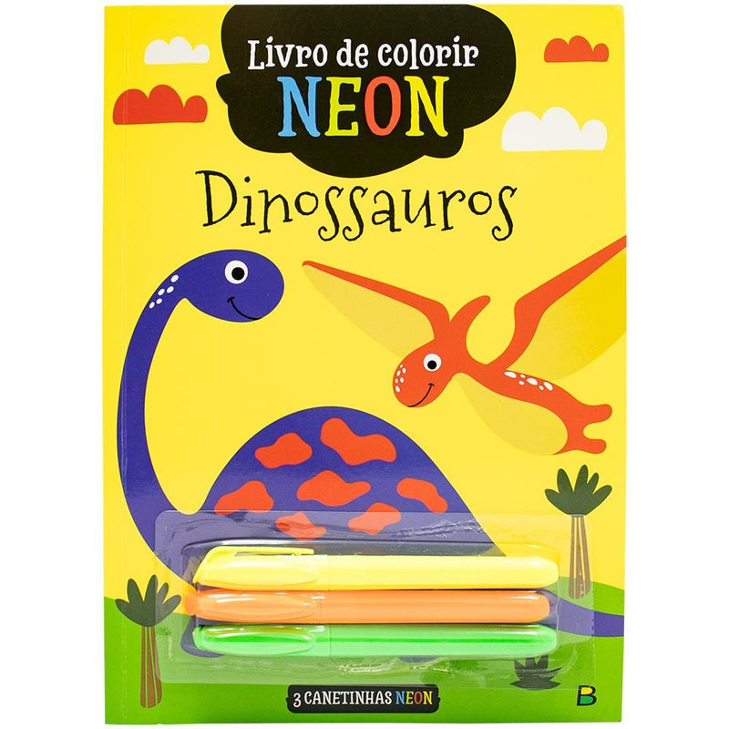 Livro de Colorir Neon: Dinossauro, capa amarela com dinossauros e canetinhas neon. — Plenitude