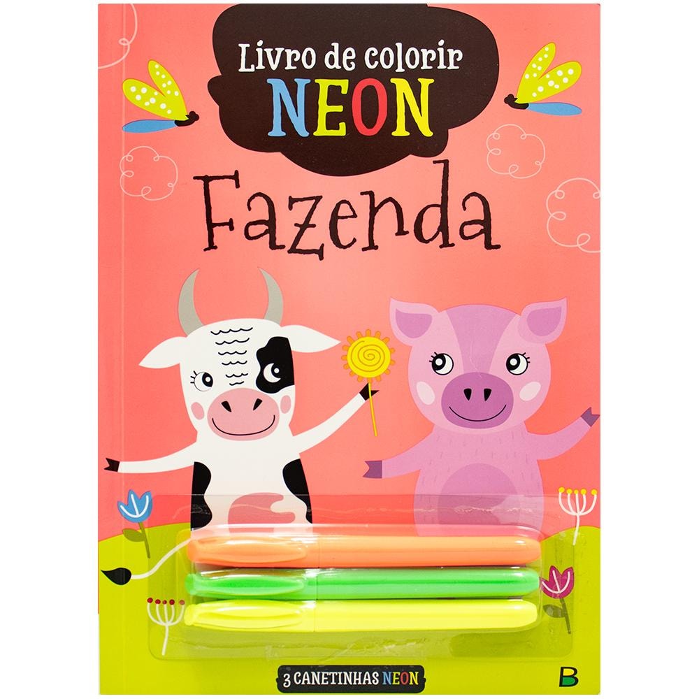 Livro de Colorir Neon Fazenda da Todolivro, capa rosa com vaca e porco, e canetinhas neon. — Plenitude