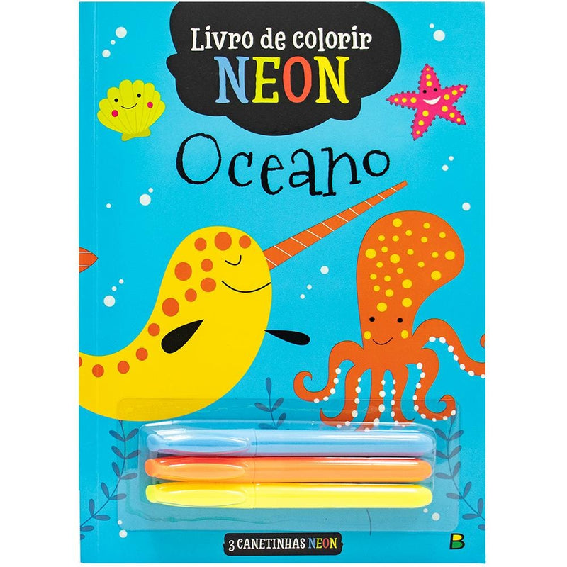 Livro de colorir Neon: Oceano, da Todolivro, capa azul com animais marinhos e 3 canetinhas neon. — Plenitude