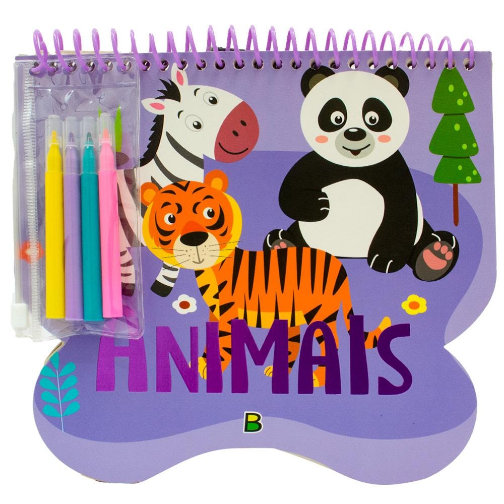 Livro de colorir Aventuras com Cores: Animais, da Mammoth World, capa roxa com zebra, panda, tigre e canetinhas. — Plenitude