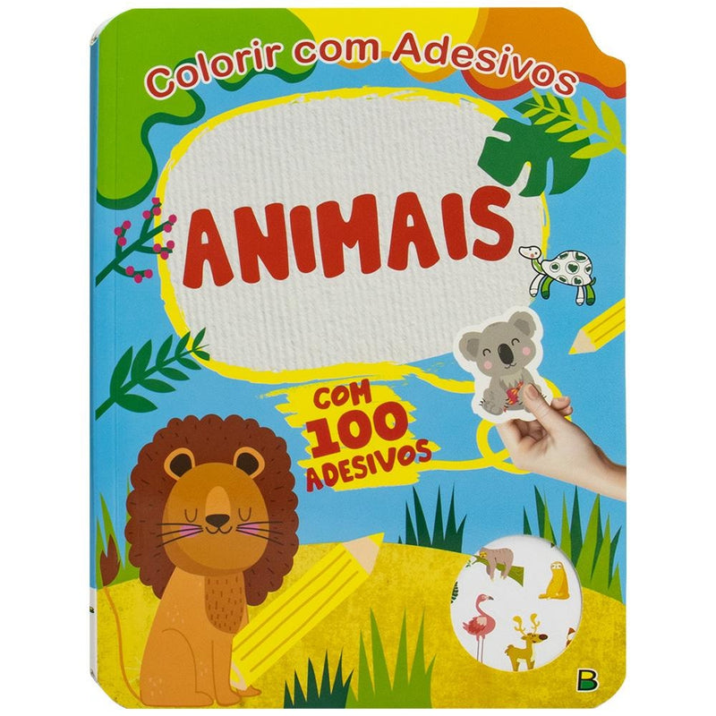 Livro Colorir com Adesivos: Animais, capa azul com leão e adesivos. — Plenitude