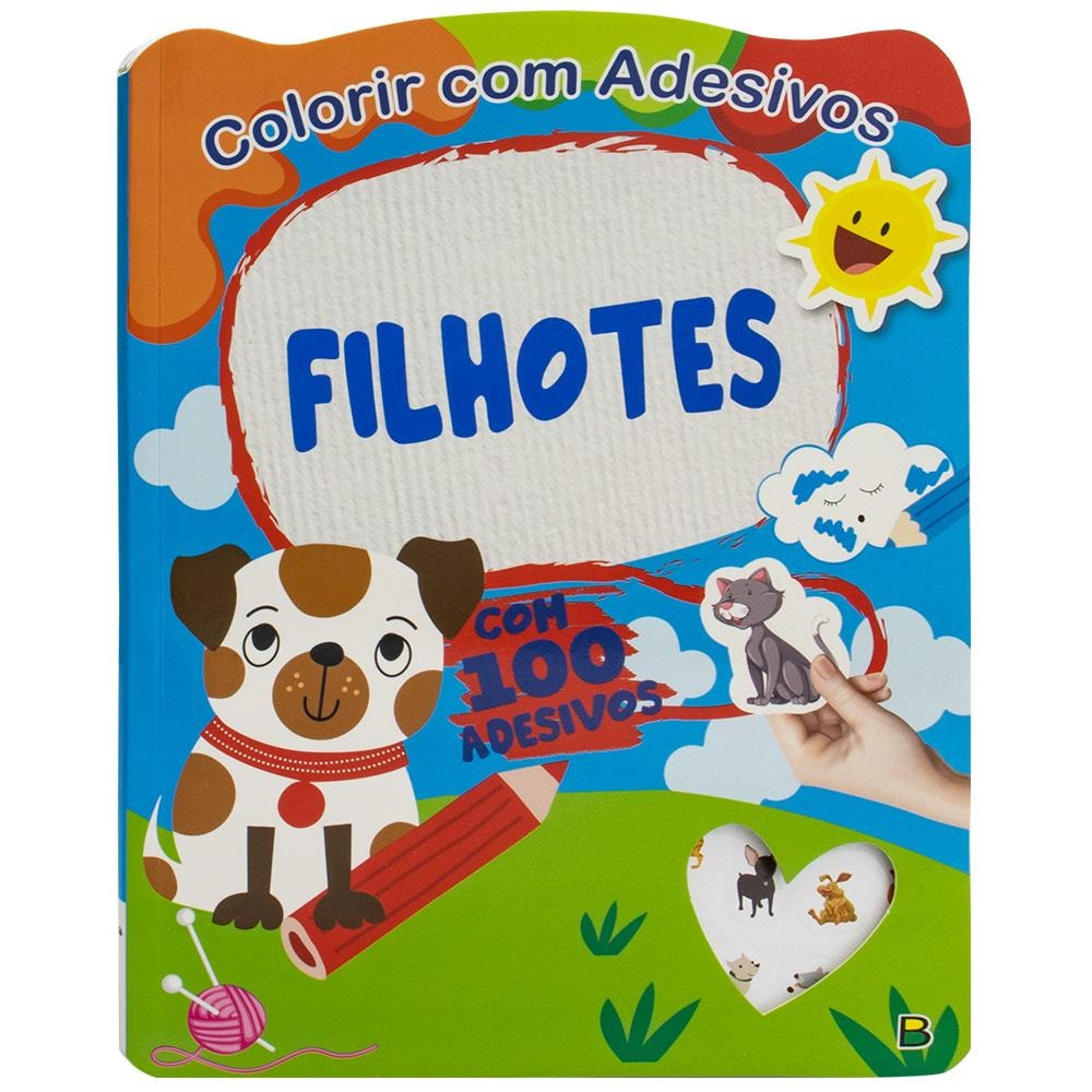 Livro Colorir com Adesivos: Filhotes, capa azul com cachorro e adesivos. — Plenitude