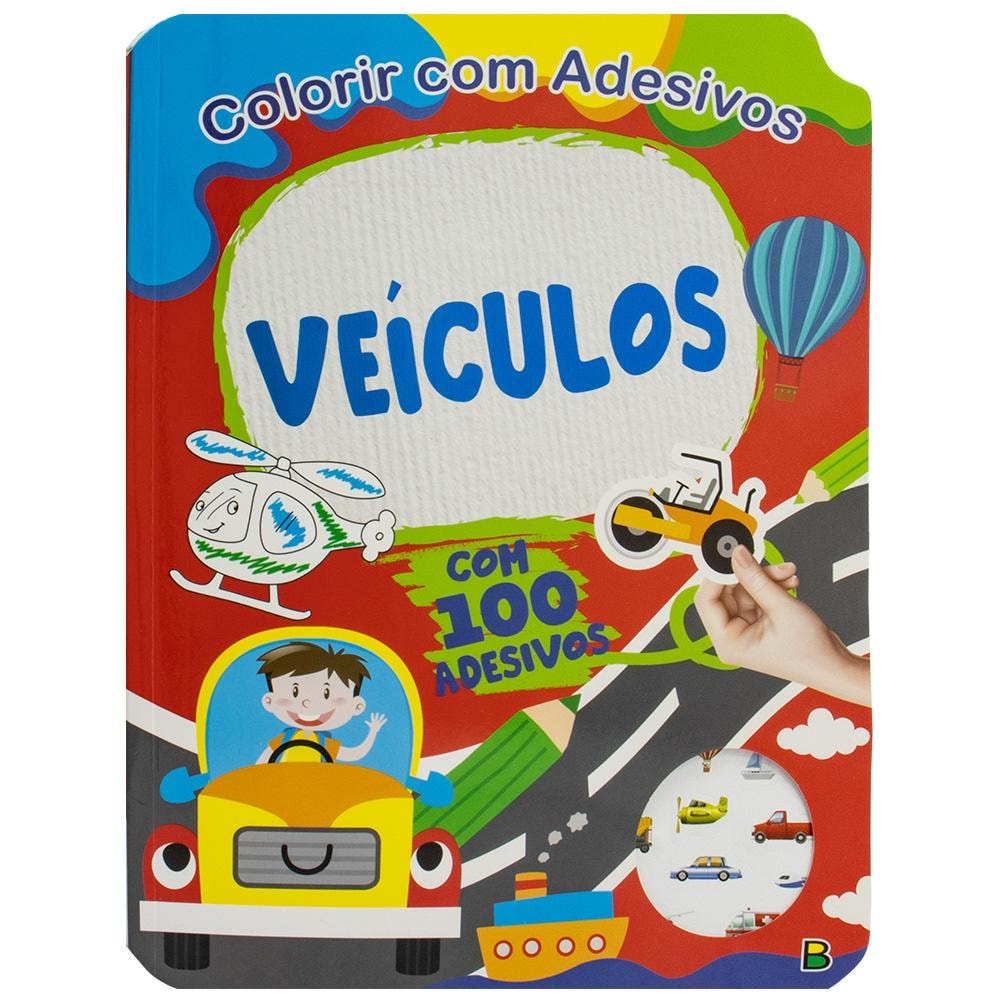 Livro de colorir com adesivos Colorir com Adesivos: Veículos, da Koral Books, capa vermelha com veículos e 100 adesivos. — Plenitude