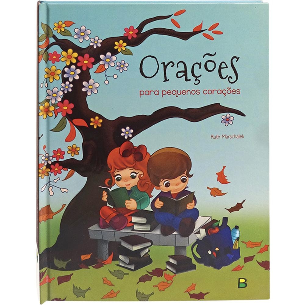 Orações para Pequenos Corações (estrela Guia) | Ruth Marschalek: Livro de orações com capa azul, crianças lendo sob árvore. — Plenitude