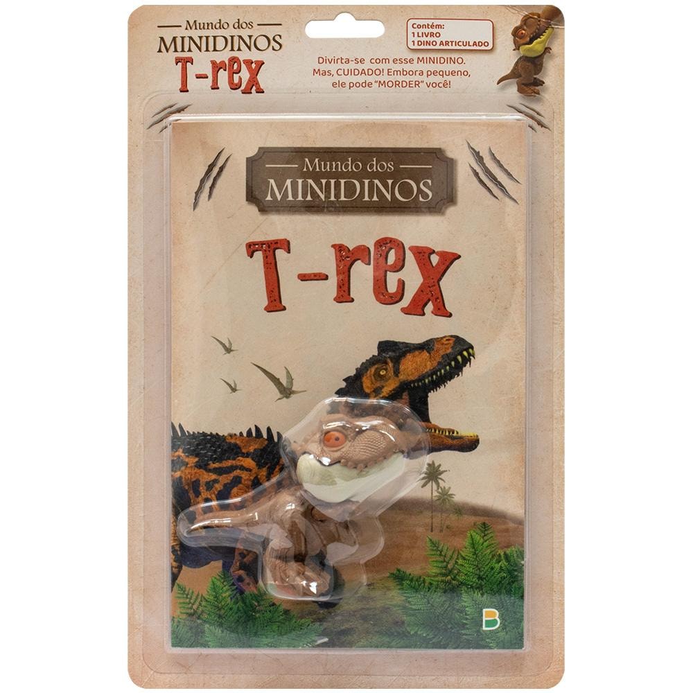 Embalagem de brinquedo "Mundo dos Minidinos T-Rex" com um livro e um dinossauro articulado. — Plenitude