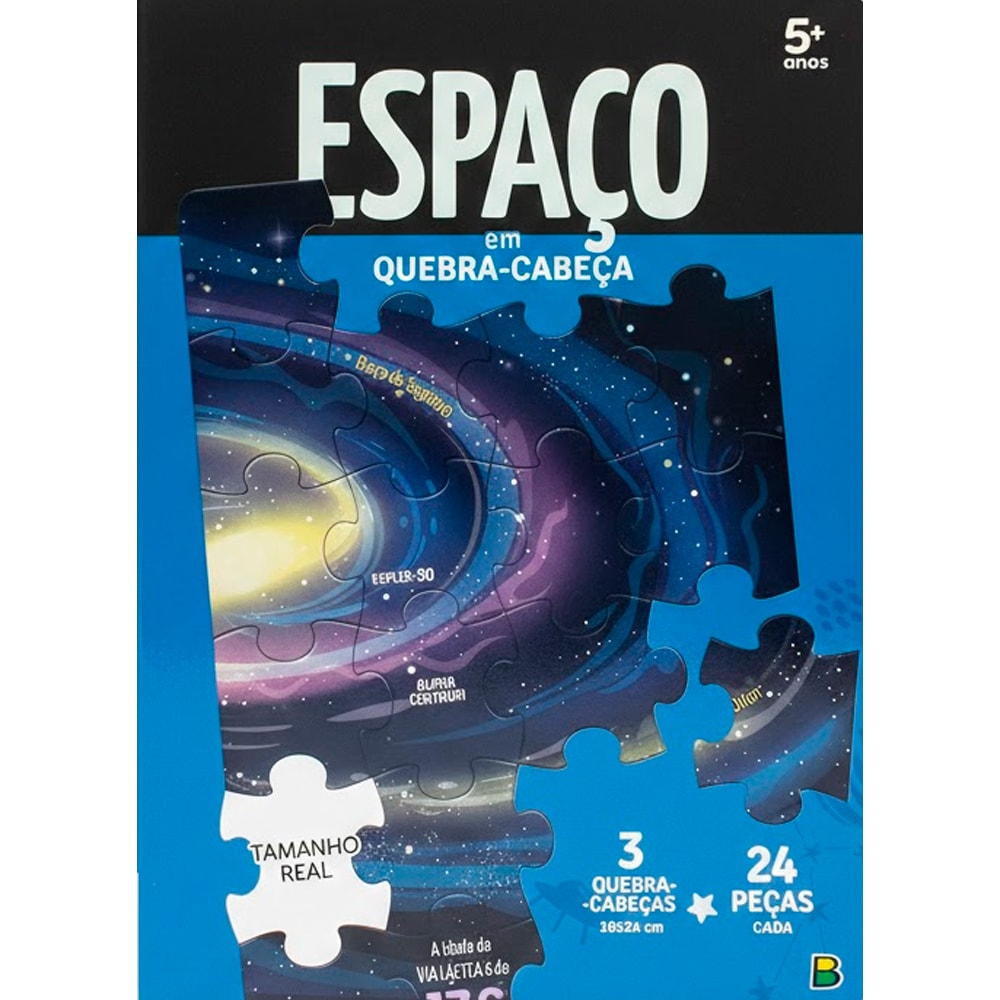 Quebra-cabeça Espaço Nosso Mundo da Todolivro, capa azul e preta com galáxia e planetas. — Plenitude