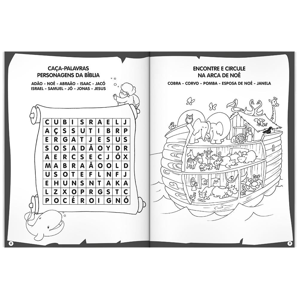 Livro de colorir e atividades Colorir & Atividades: Bíblia - Passatempos, da Todolivro, páginas em preto e branco com caça-palavras e Arca de Noé. — Plenitude