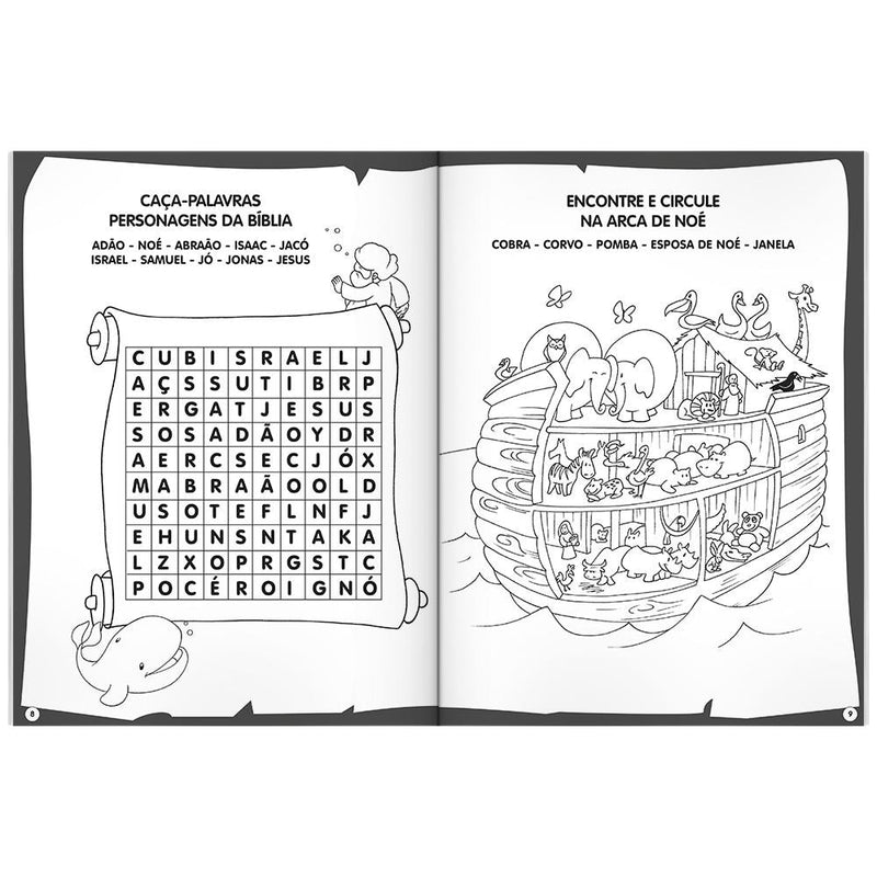 Livro de colorir e atividades Colorir & Atividades: Bíblia - Passatempos, da Todolivro, páginas em preto e branco com caça-palavras e Arca de Noé. — Plenitude