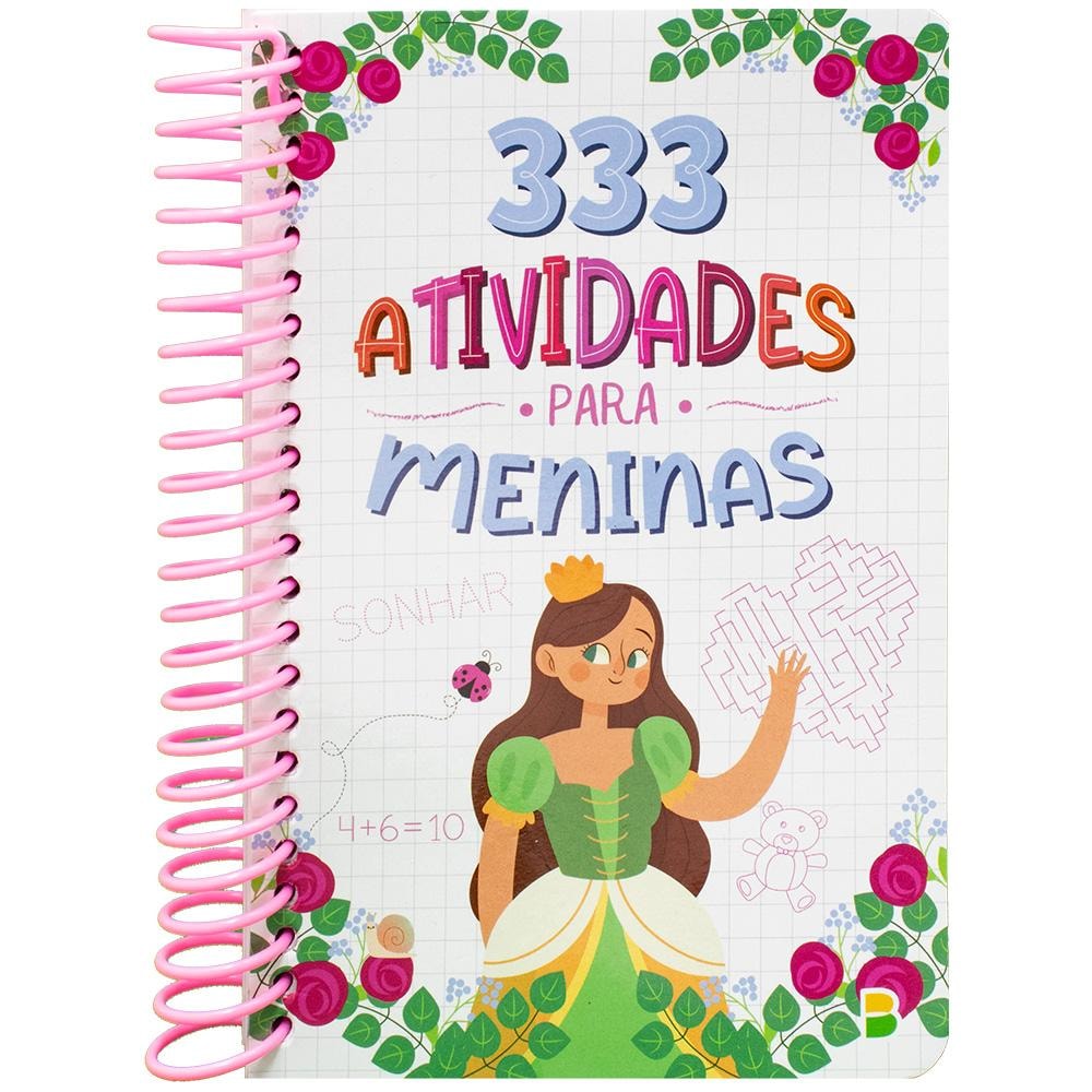 Livro 333 Atividades para meninas da Little Pearl Books, capa rosa com ilustrações de princesa. — Plenitude