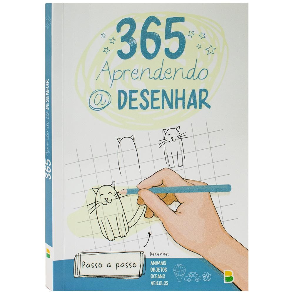 Livro 365 Aprendendo a Desenhar da Brijbasi Art Press Ltd, capa branca com ilustração de mão desenhando gato. — Plenitude