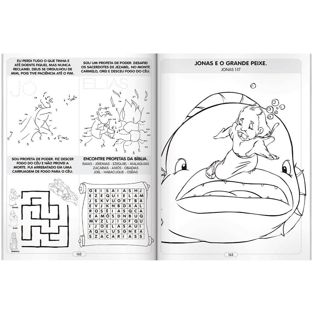 Livro 365 Atividades Bíblicas de Virgínia Marques, Cristina & Finzetto, páginas abertas com atividades bíblicas. — Plenitude