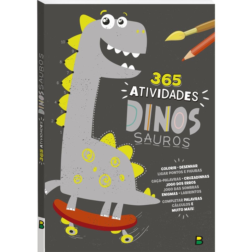 Livro 365 Atividades de Dinossauros da Todolivro, capa cinza com ilustração de dinossauro em skate. — Plenitude