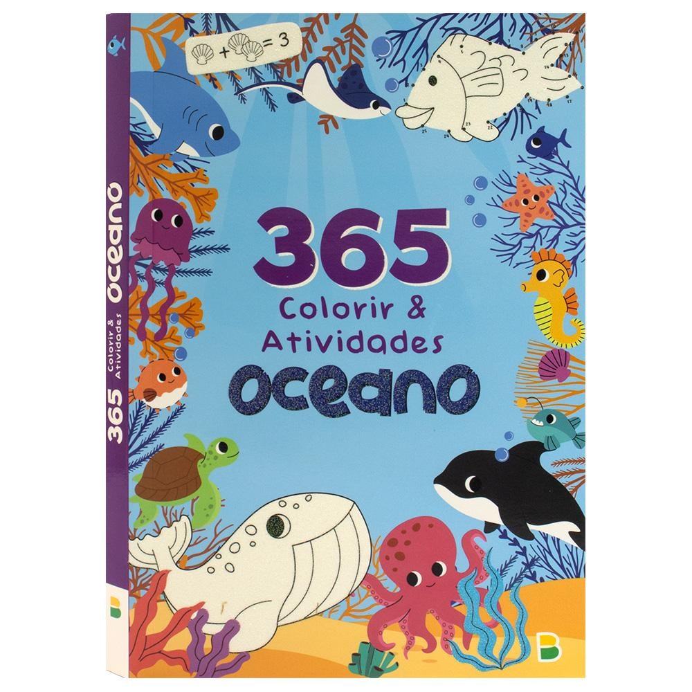 Livro 365 Oceano - Colorir & Atividades da Brijbasi Art Press Ltd, capa azul com ilustrações de animais marinhos. — Plenitude