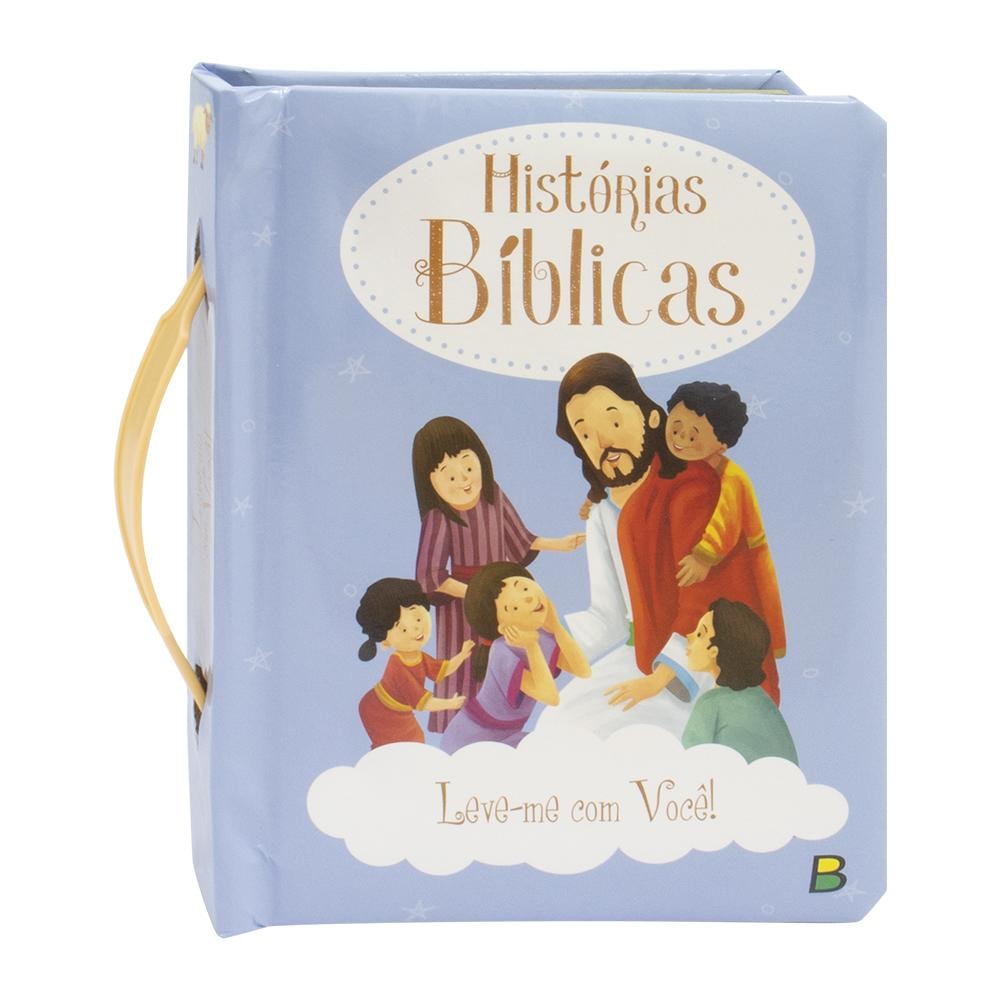 Livro Leve-me com Você! Histórias Bíblicas, da Todolivro, capa azul com alça e Jesus com crianças. — Plenitude