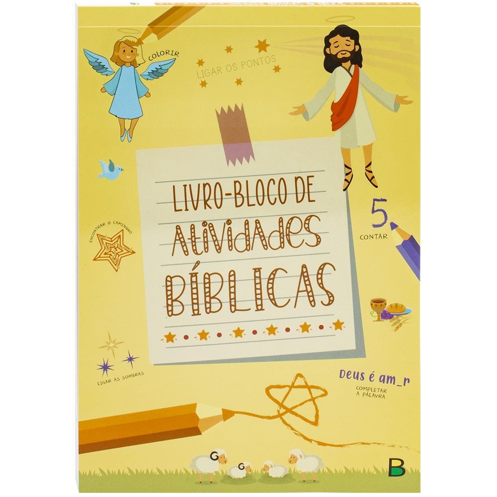 Livro-Bloco de Atividades Bíblicas, de Virgínia Marques, Cristina & F, capa amarela com ilustrações bíblicas e atividades. — Plenitude