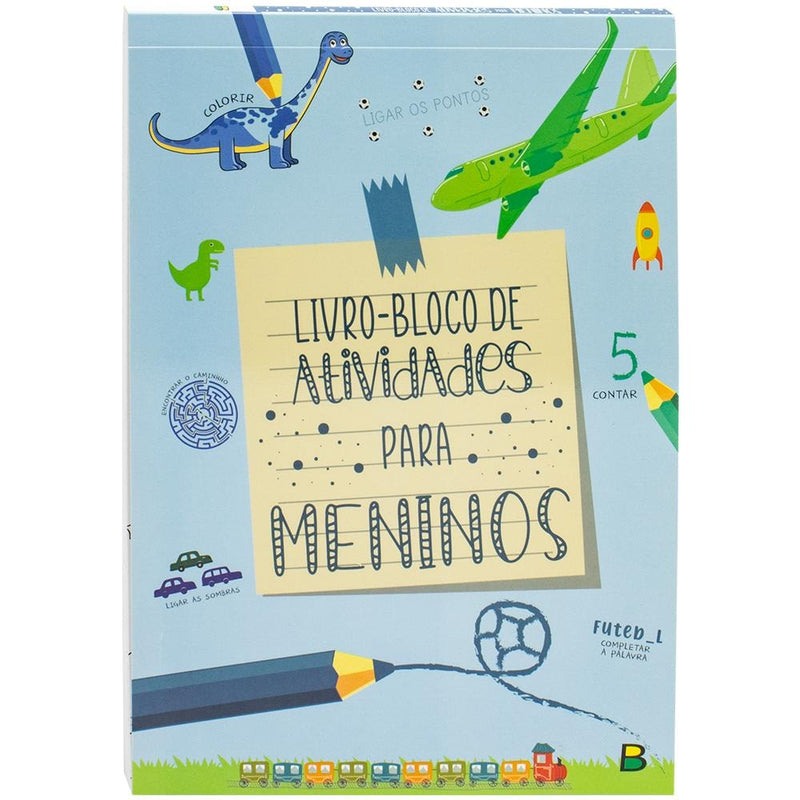 Livro-Bloco de Atividades para Meninos, de Ana Cristina de Mattos Marschal, capa azul com dinossauro, avião e atividades. — Plenitude