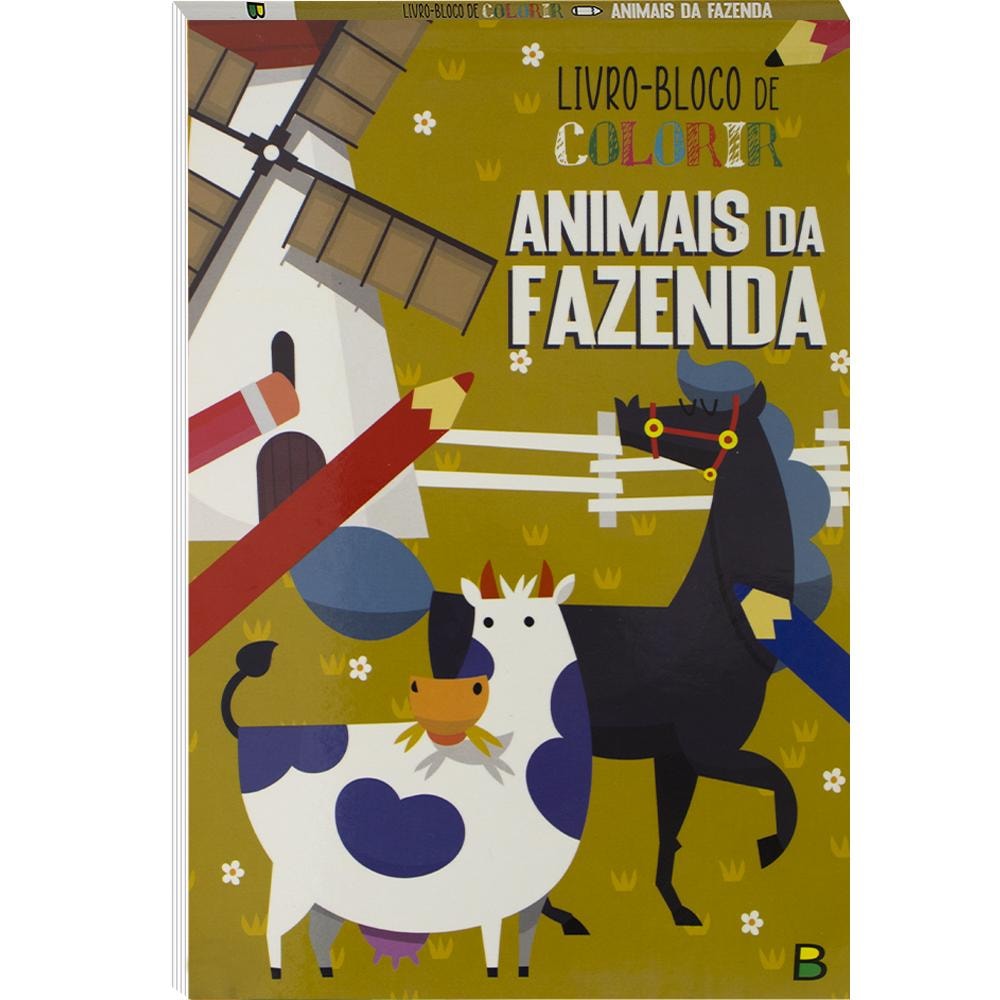 Livro-Bloco de Colorir: Animais da Fazenda, capa verde com moinho e animais. — Plenitude