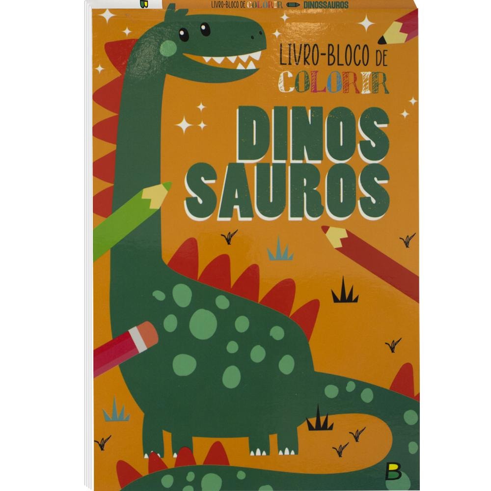 Livro-Bloco de Colorir: Dinossauros | Todolivro: Capa laranja com ilustração de dinossauro verde e lápis de cor. — Plenitude