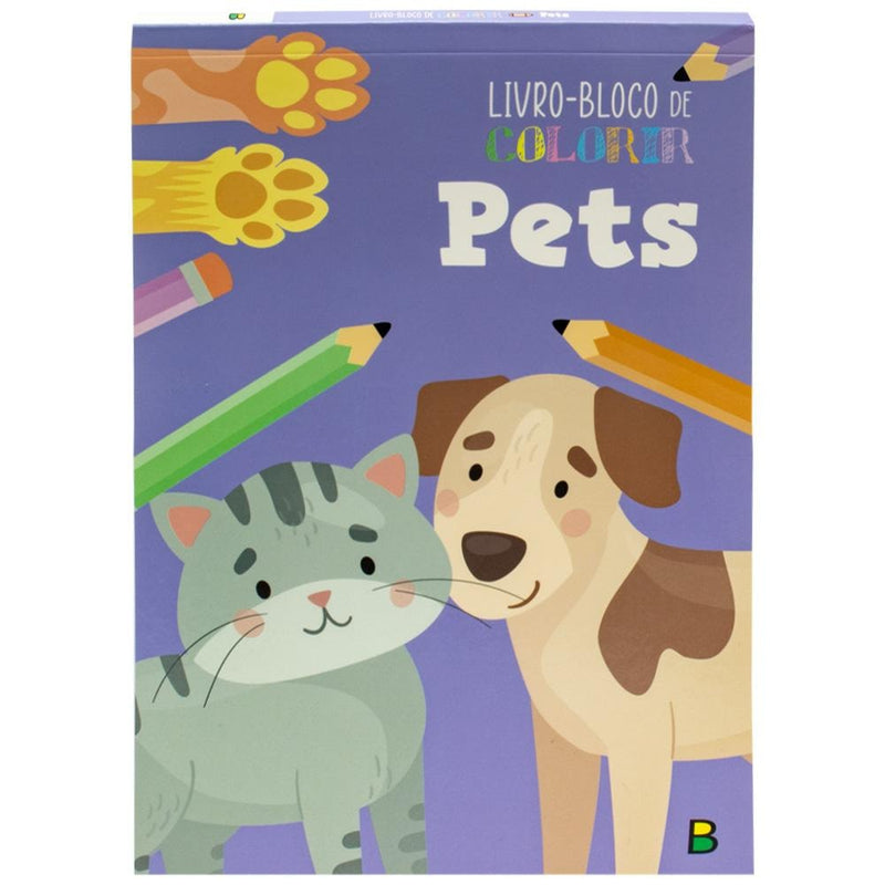 Livro-Bloco de Colorir - Pets | Todolivro: Capa lilás com ilustrações de gato, cachorro e lápis de cor. — Plenitude