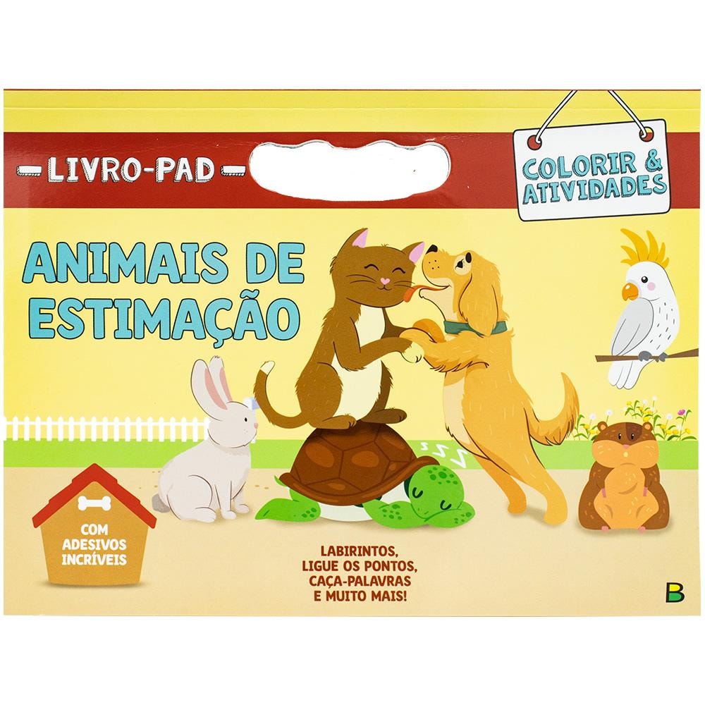 Livro-Pad Colorir & Atividades: Animais de Estimação, capa amarela com ilustrações de animais. — Plenitude