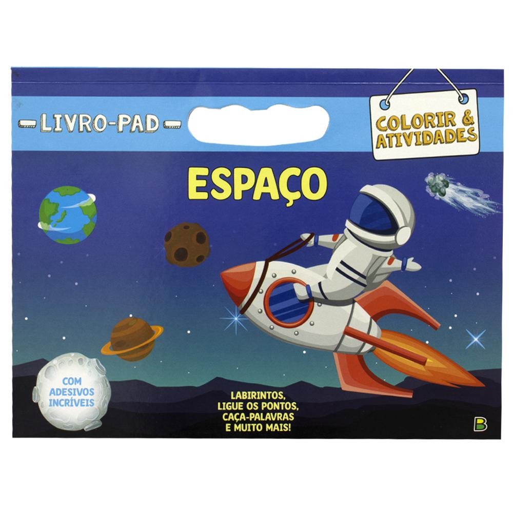 Livro-Pad Colorir & Atividades: Espaço, capa azul escura com ilustrações de espaço. — Plenitude