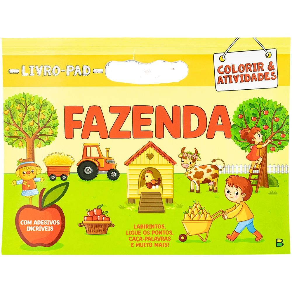 Livro-Pad Colorir & Atividades: Fazenda, capa amarela com ilustrações de fazenda. — Plenitude