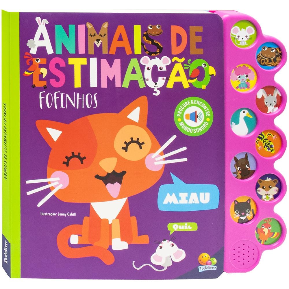 Livro interativo "Mundo Sonoro - Procure & Encontre: Animais de Estimação Fofinhos", capa roxa com gato e botões sonoros. — Plenitude