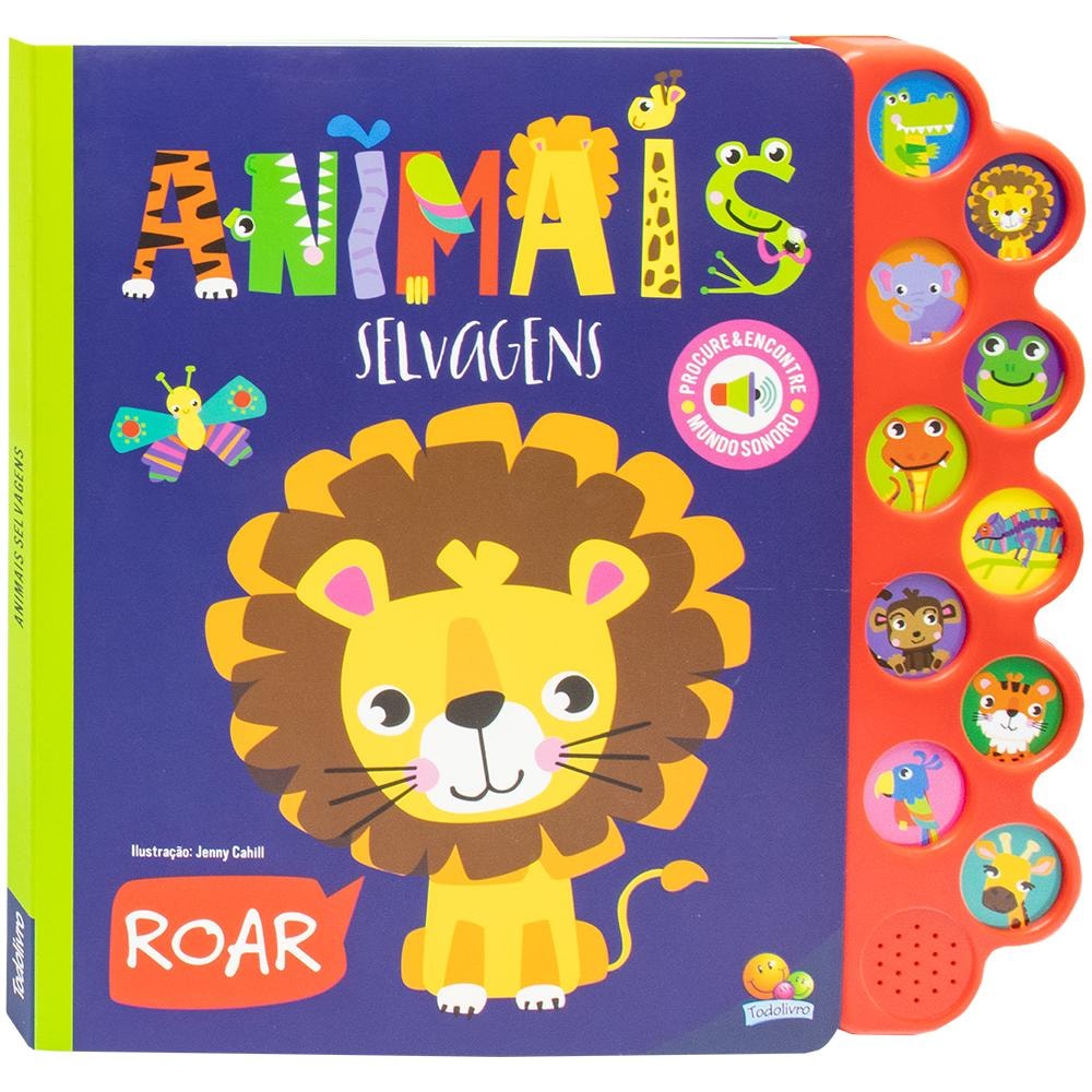 Livro Mundo Sonoro - Procure & Encontre: Animais Selvagens, da Koral Books. Capa azul com leão e botões sonoros. — Plenitude