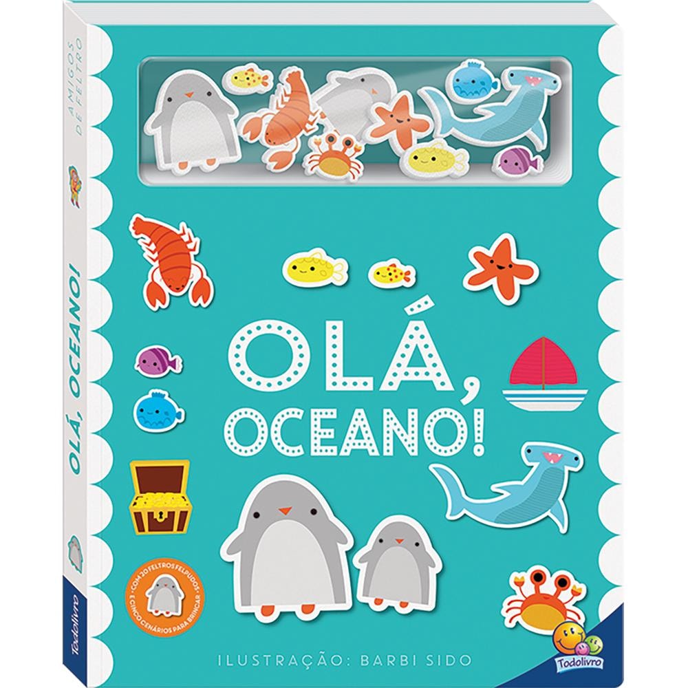 Livro "Amigos de Feltro: Olá, Oceano!" da Really Decent Books, capa azul com figuras de feltro de animais marinhos. — Plenitude