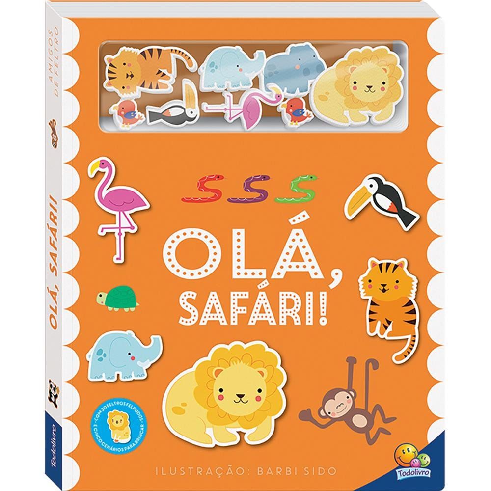 Amigos de Feltro: Olá, Safári! | Really Decent Books: Livro infantil laranja com animais de feltro destacáveis na capa — Plenitude