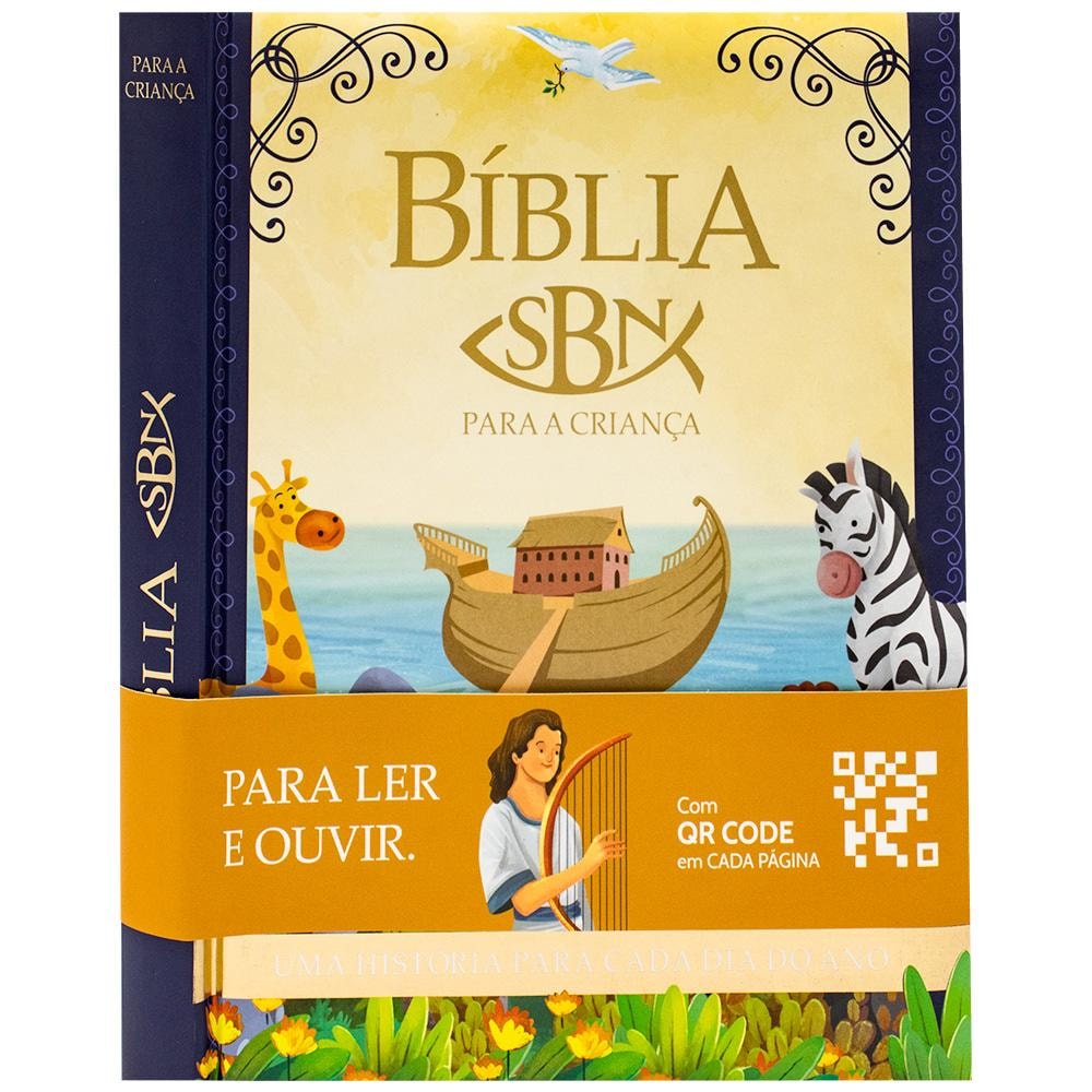 Livro infantil, A Bíblia em uma História para Cada Dia do Ano, de Cristina Marques, capa azul com ilustração da Arca de Noé e QR Code. — Plenitude