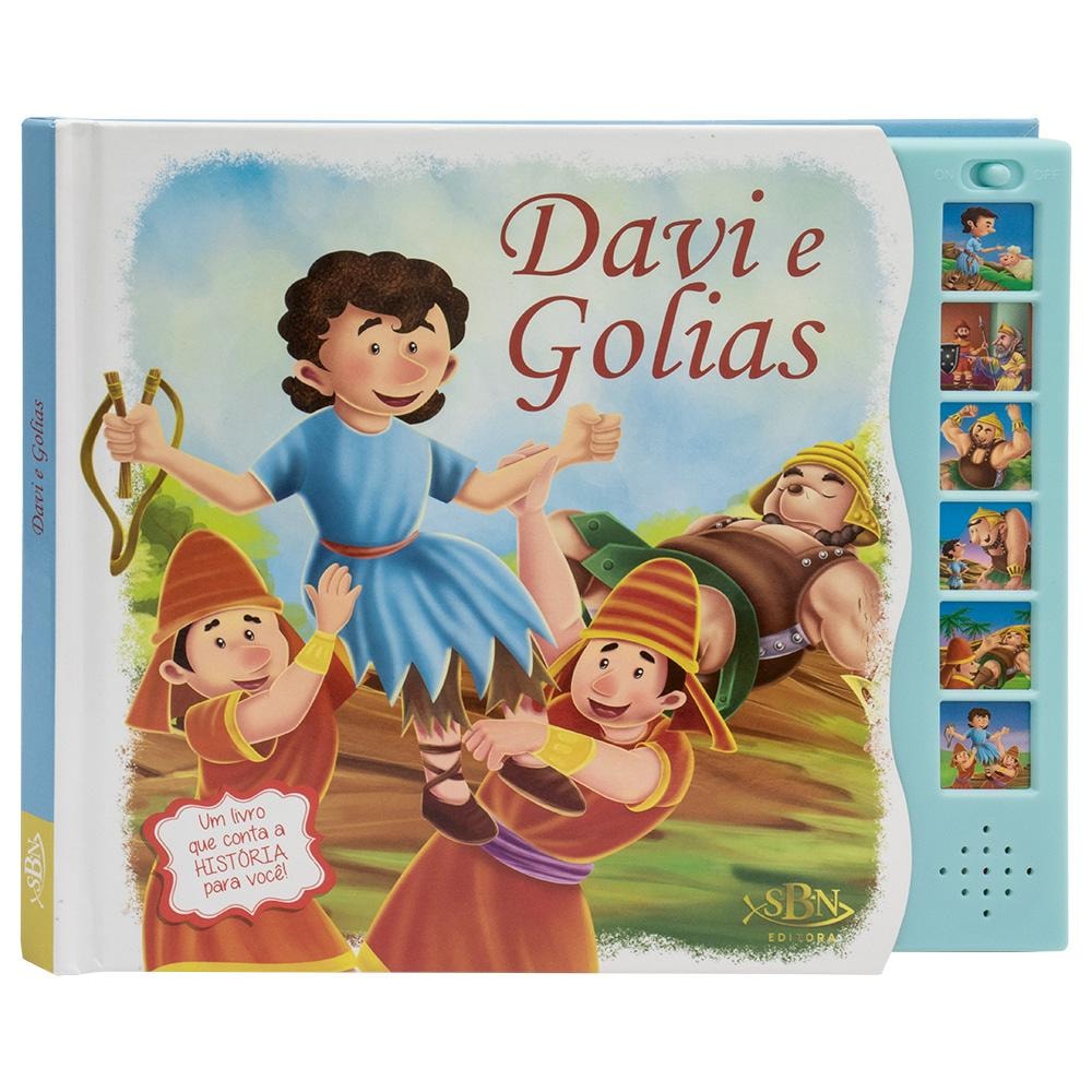 Livro Sonoro "Davi e Golias" da Todolivro, capa com Davi e Golias, e botões laterais. — Plenitude