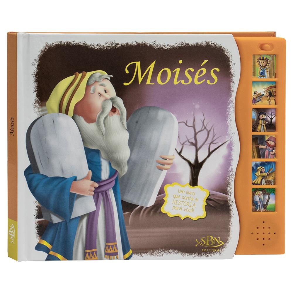 Livro Sonoro "Moisés" da Todolivro, capa com Moisés segurando as tábuas, e botões laterais. — Plenitude