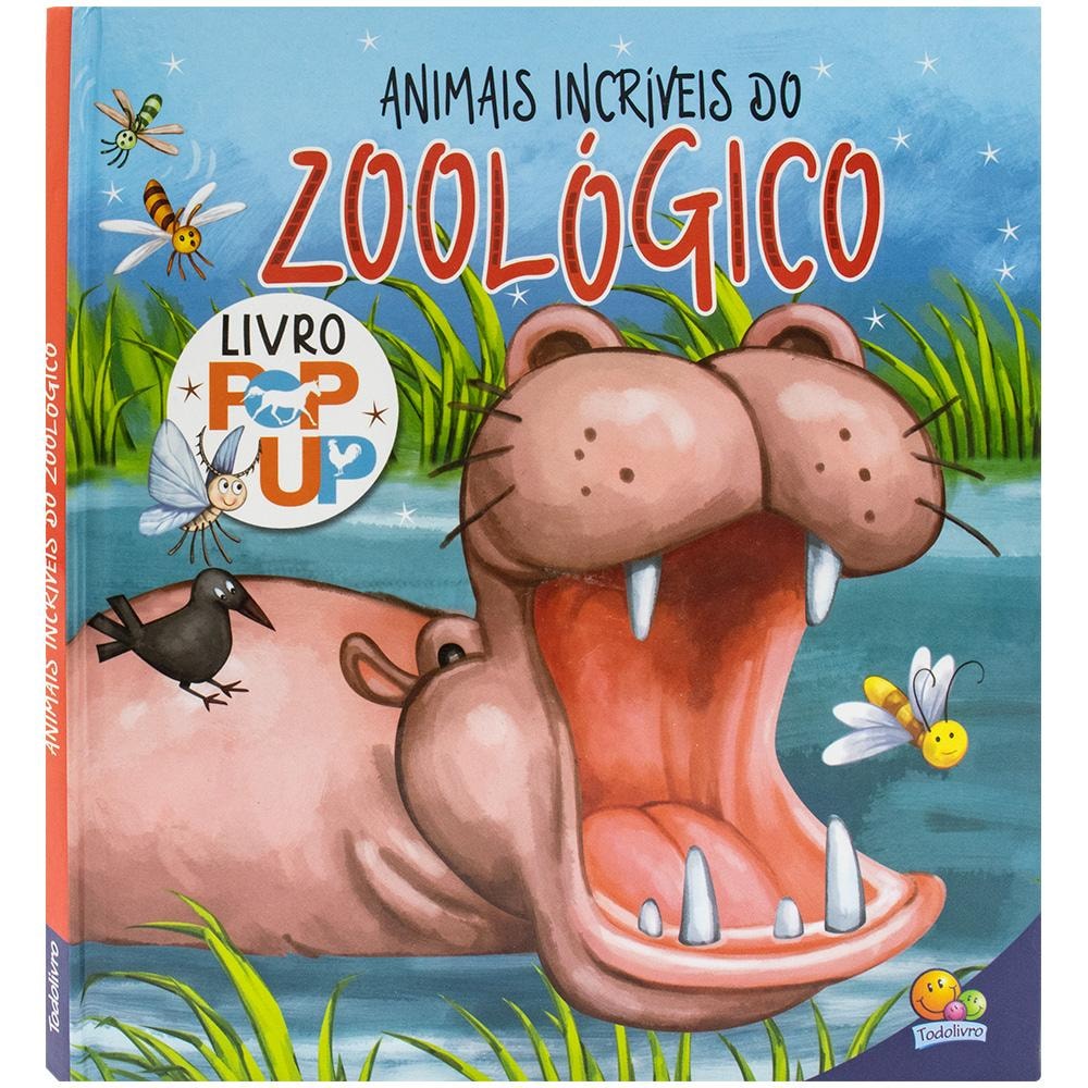 Livro Animais em Movimento: um Pop-Up: Animais Incríveis do Zoológico, capa com hipopótamo. — Plenitude