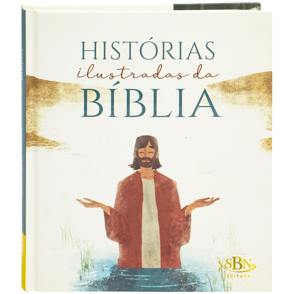 Livro "Histórias Ilustradas da Bíblia" da Little Pearl Books, capa com ilustração de Jesus em tons de azul e dourado. — Plenitude