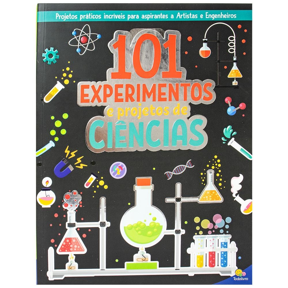 Livro 101 Experimentos e Projetos de Ciências, capa preta com ilustrações coloridas de experimentos. — Plenitude