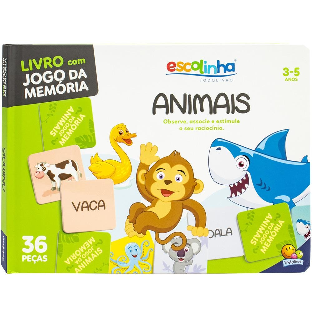 Jogo da memória: Animais, da Todolivro. Caixa com livro e peças de memória de animais. — Plenitude