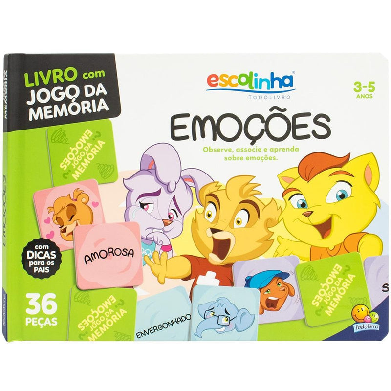 Jogo da memória: Emoções, da Todolivro. Caixa com livro e peças de memória de emoções. — Plenitude