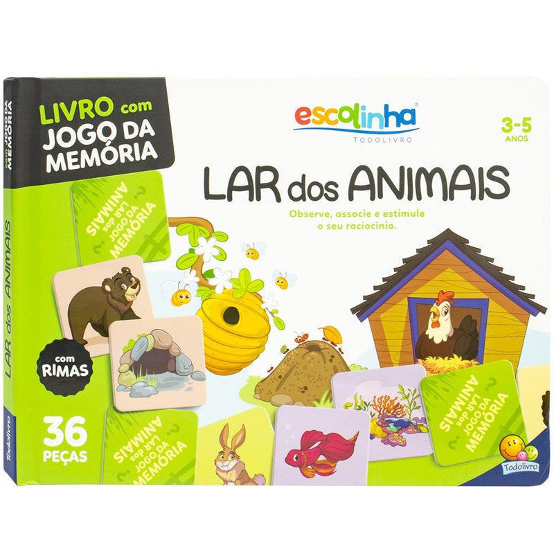 Jogo da memória: Lar dos Animais, da Todolivro. Caixa com livro e peças de memória de animais e seus lares. — Plenitude