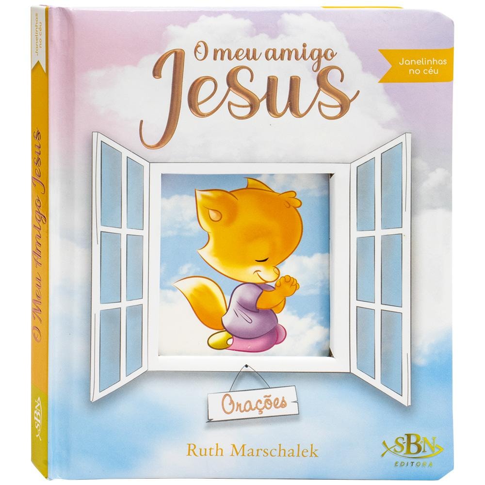 Livro infantil "Janelinhas do Céu: Meu Amigo Jesus" com capa azul e branca, um filhote de raposa orando. — Plenitude